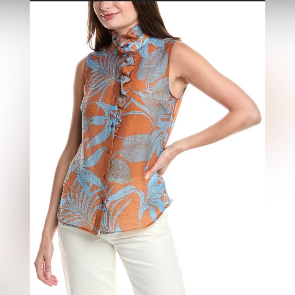 Cabi Tropical Leaf Print Sleeveless Blouse Orange and Blue casual size S